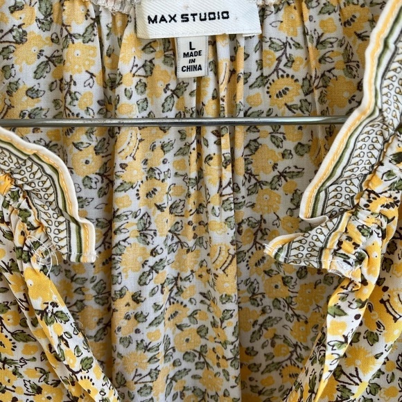 Max Studio Floral Short Sleeve Ruffle Split Neck Yellow & Green Puff Sleeve Lg - Picture 4 of 9